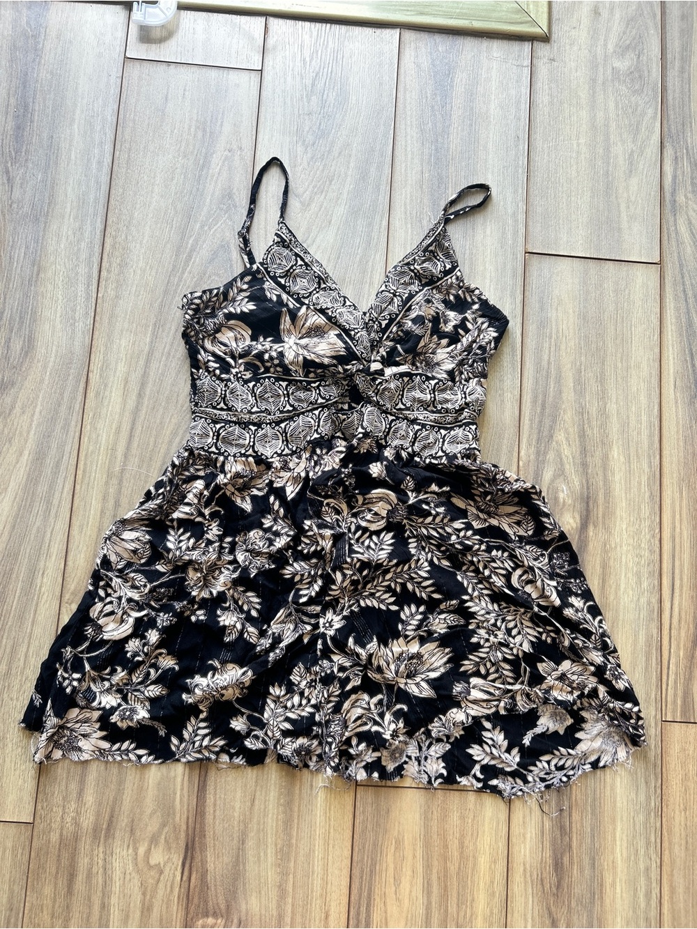 Angie Black and Beige Floral V-Neck Tank with Raw Hem